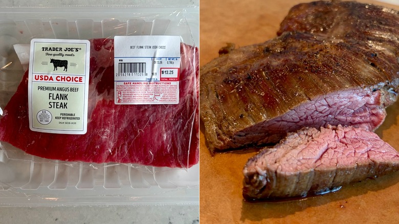 A split image of the Trader Joe's USDA Choice Premium Angus Beef Flank Steak, raw in its packaging and cooked on a cutting board