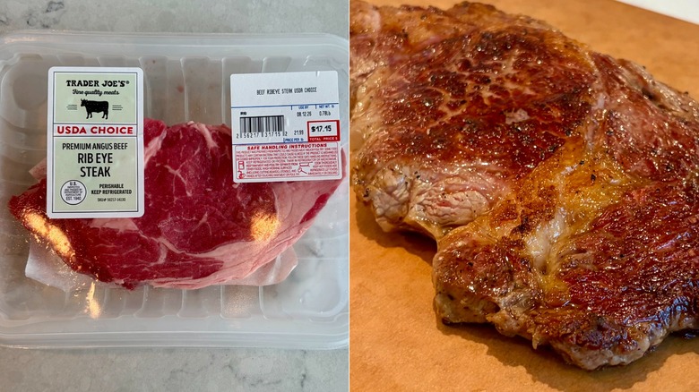 A split image of the Trader Joe's USDA Choice Premium Angus Beef Ribeye Steak, raw in its packaging and cooked on a cutting board