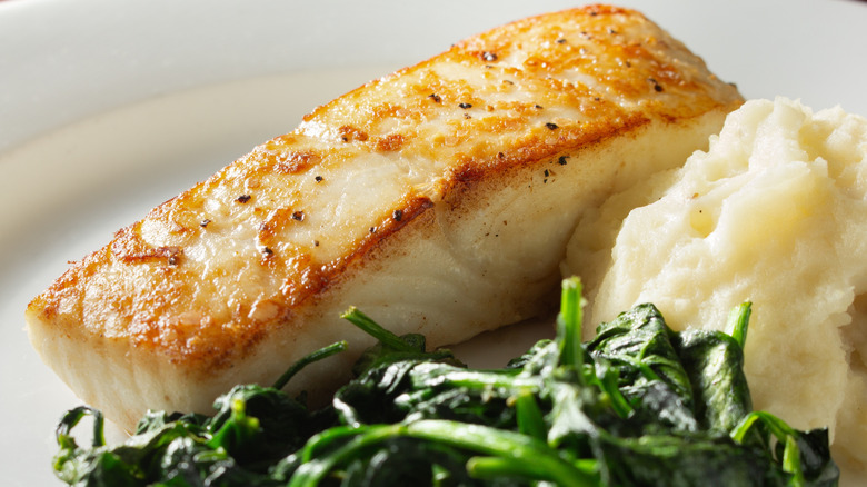 fried halibut on black plate