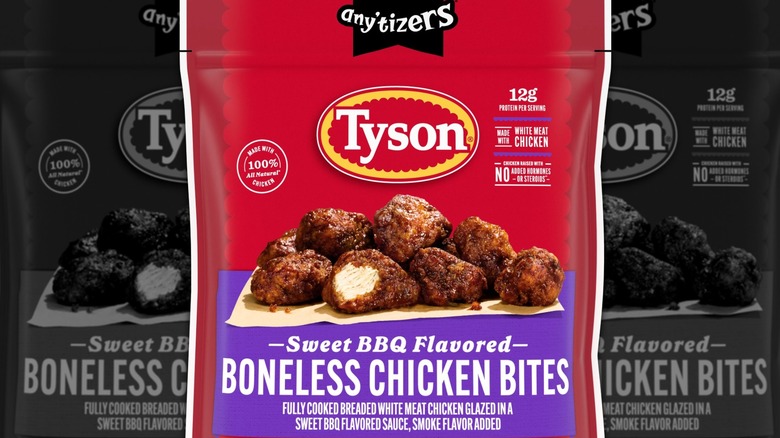 Tyson logo with some nutritional information above a prepared plate of BBQ chicken bites
