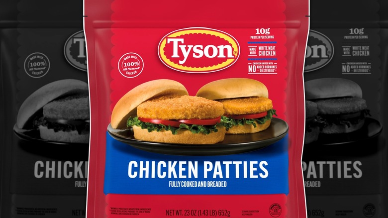 Official packaging for Tyson Chicken Patty featuring two chicken patties on buns with lettuce and tomato