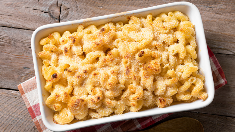 Macaroni and cheese in a white baking dish