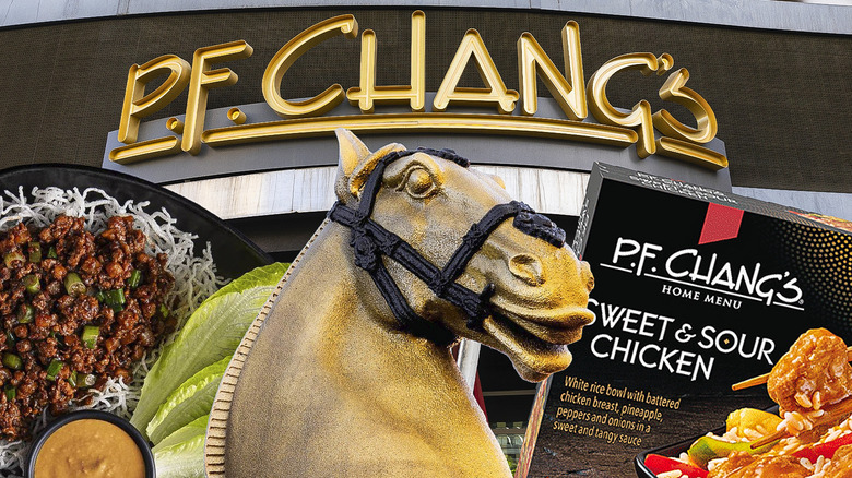 Composite image of golden horse statue, lettuce wraps, and frozen meal in front of P.F. Chang's restaurant sign