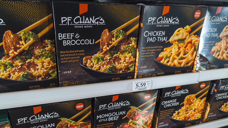 Assortment of P.F. Chang's frozen meals on shelf