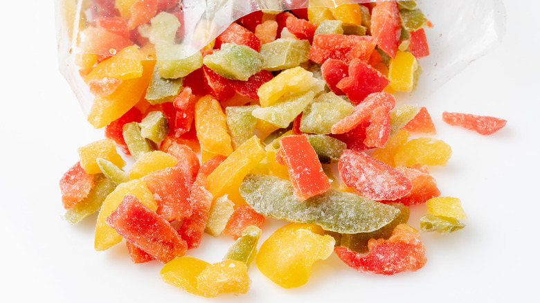 chopped frozen bell pepper in different colors.