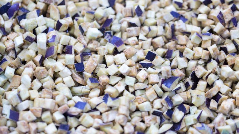 close up of chopped frozen eggplant pieces