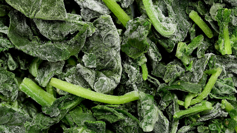close up of frozen spinach leaves