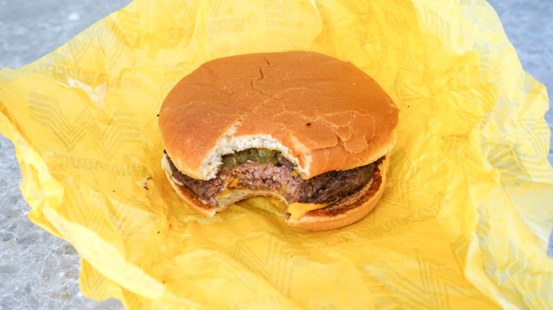 Close-up of Green Chile Double on yellow wrapper