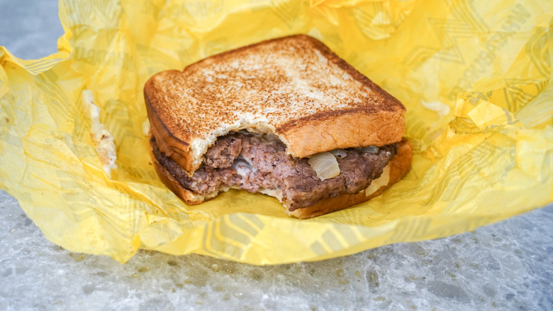 Close-up of Whataburger Patty Melt on yellow wrapper