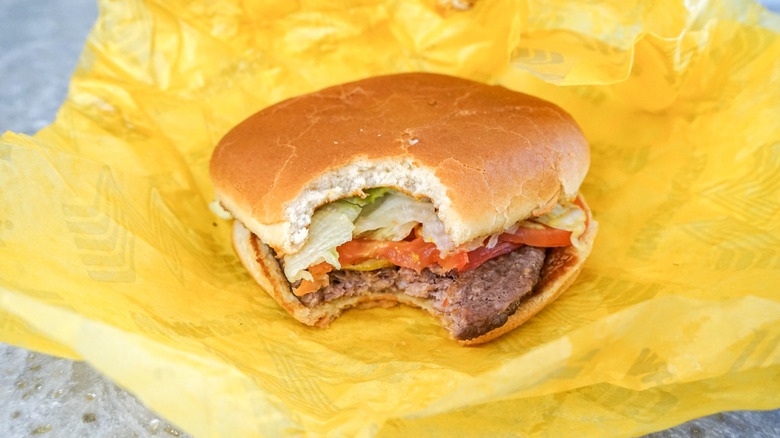 Close-up of Whataburger on yellow wrapper