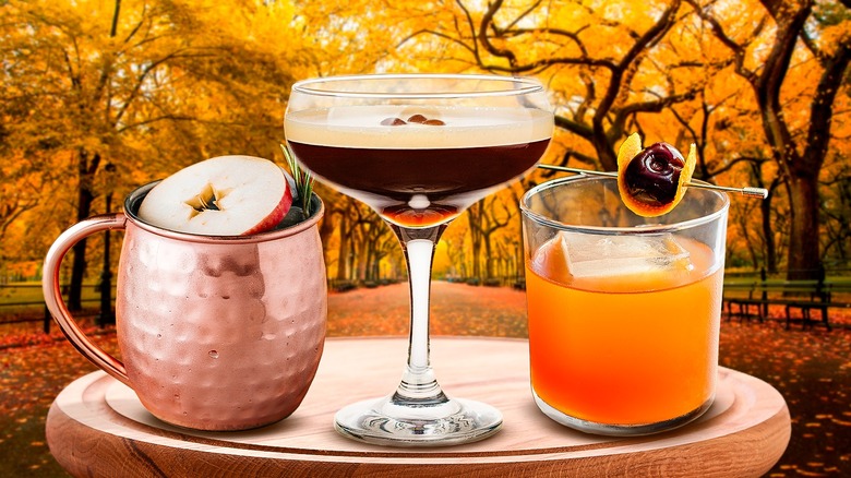 Three fall-inspired cocktails on a fall background
