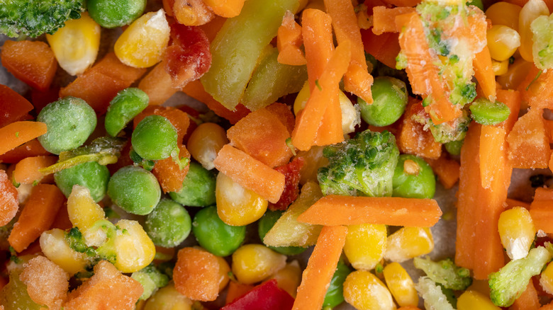 Close-up of medley of colorful frozen vegetables