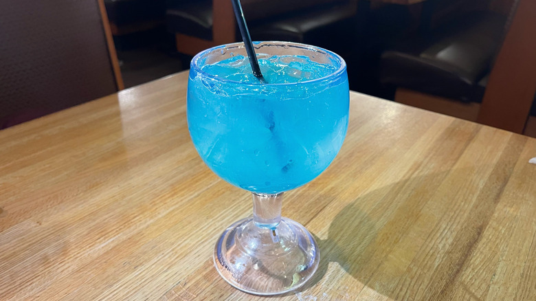 The Blue Hawaiian Long Island iced tea from Applebee's in a mucho goblet