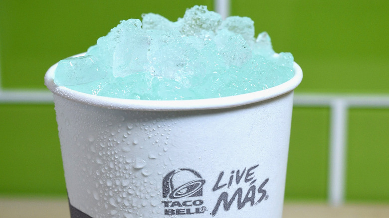 Close-up of Taco Bell's Baja Blast drink in a paper cup
