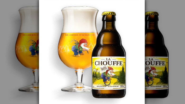A glass and bottle of La Chouffe