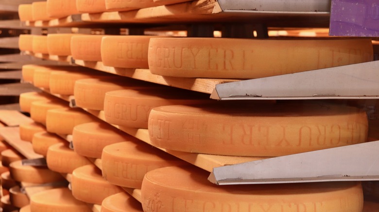 racks of gruyère cheese aging