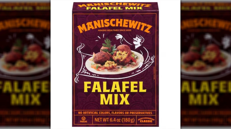 Manischewitz Falafel Mix in a burgundy box with yellow and orange writing.