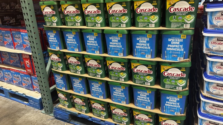 Dishwasher pod packages on the shelf in Costco