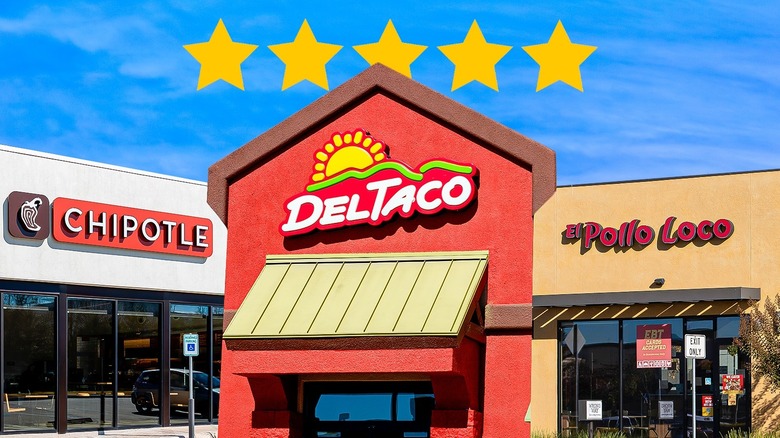 A Chipotle, Del Taco, And El Pollo Loco restaurant with a blue sky background and five yellow review star floating above