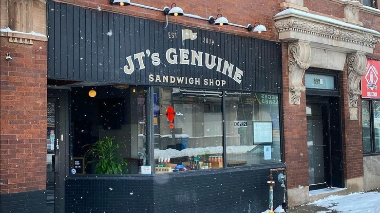 Snowy exterior of J.T.'s Genuine Sandwich Shop