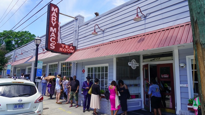 A line of people outside Mary Mac's Tea Room in Atlanta