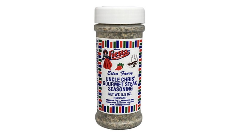 a shaker of Bolner's Fiesta Brand Uncle Chris' Gourmet Steak Seasoning on a white background