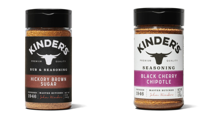 a shaker of Kinder's Hickory Brown Sugar and Black Cherry Chipotle Seasoning on a white background