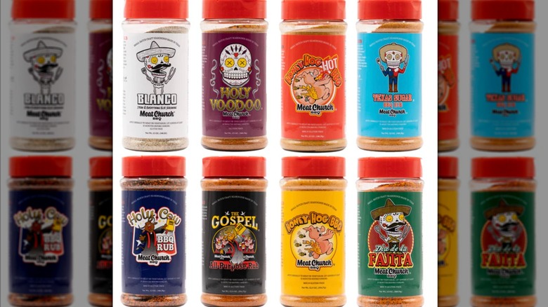 eight shakers of Meat Church BBQ dry rub on a white background