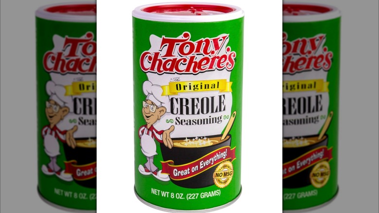 a close-up of Tony Chachere's Original Creole Seasoning shaker on a white background
