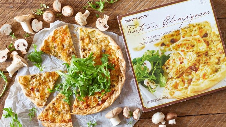 Box and sliced Trader Joe's Tarte aux Champignons