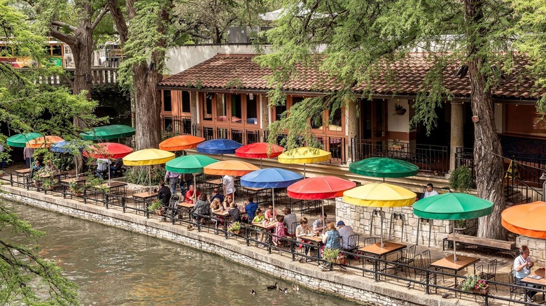 Colorful umbrellas on restaurant patio