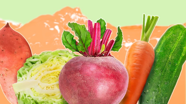 collage of different fresh vegetables on an orange and green background