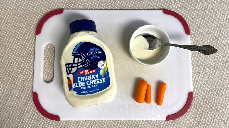 LItehouse Blue Cheese dressing on a table with sample and baby carrots