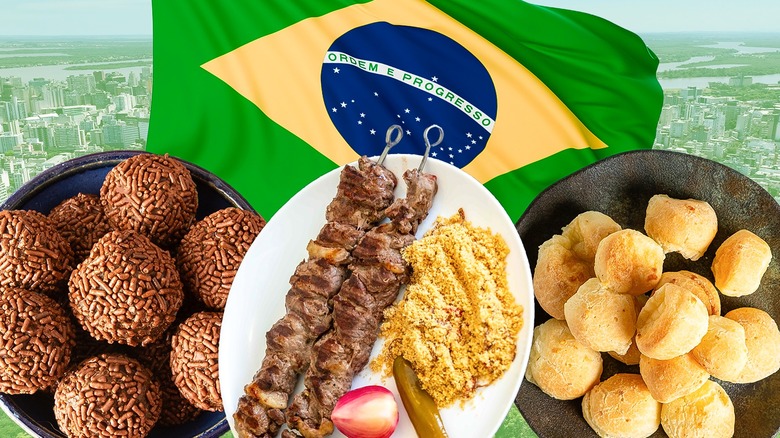 Various types of Brazilian savory snacks on plates with Brazilian flag
