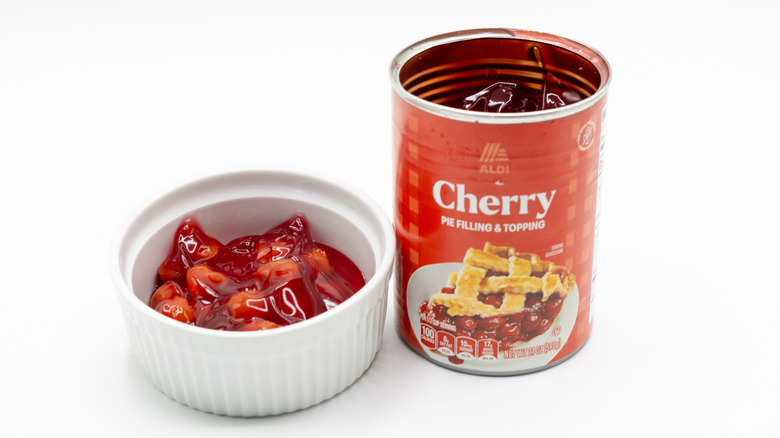 Aldi pie filling with can on white surface