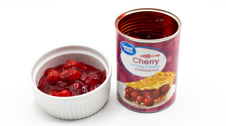 Great Value pie filling on white surface