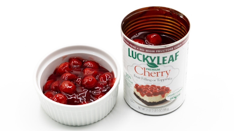 Lucky Leaf pie filling on white surface
