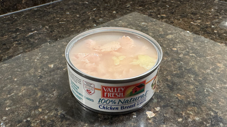 Canned chicken on a countertop