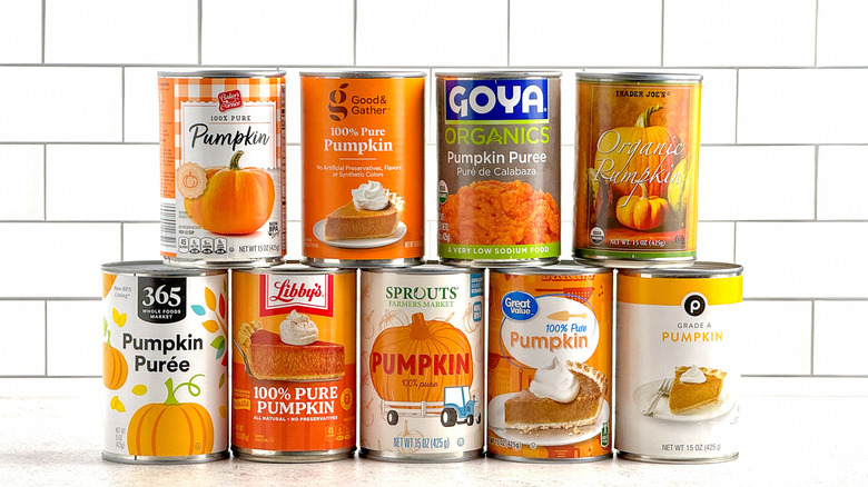 Nine varieties of canned pumpkin purée