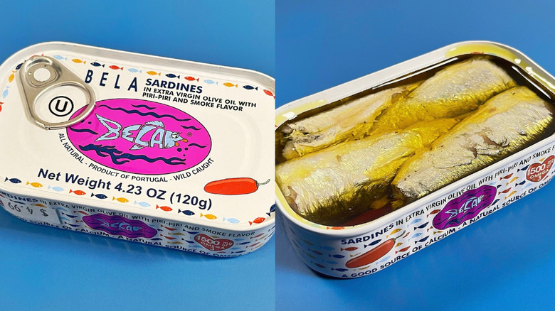 A tin of Bela sardines with the lid, and lid removed