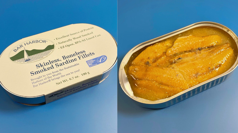 Bar Harbor sardines with cardboard label, and with the lid removed