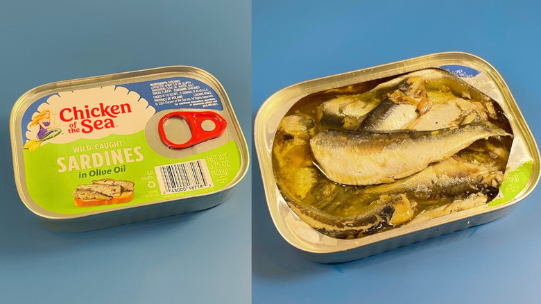 Chicken of the Sea sardines in their tin with lid still on
