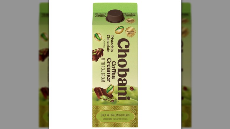 Container of Chobani Pistachio Chocolate Coffee Creamer