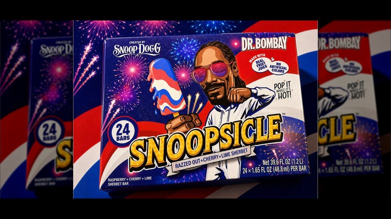 A box of Dr. Bombay Snoopsicles featuring a cartoon image of Snoop Dogg holding a popsicle