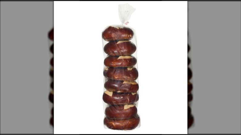Clear cellophane bag filled with stacked pretzel bagels
