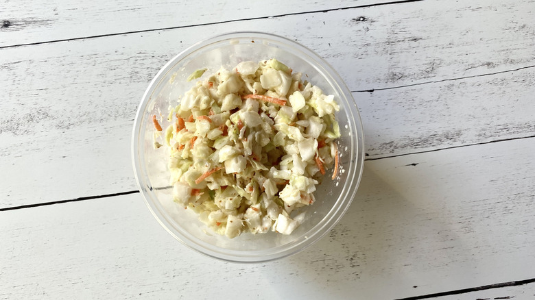 BJ's coleslaw in a clear plastic container