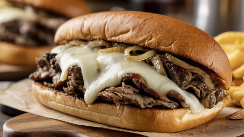 A cheesesteak sandwich on a wooden cutting board