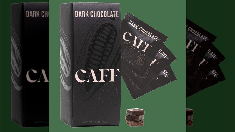 a close up of a CAFF box of dark chocolate with individually wrapped bites