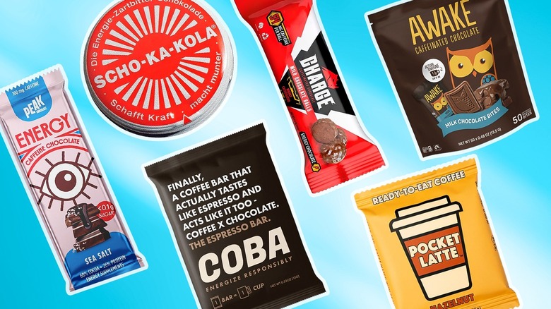 various caffeinated chocolates that are mentioned in the feature on a light blue background