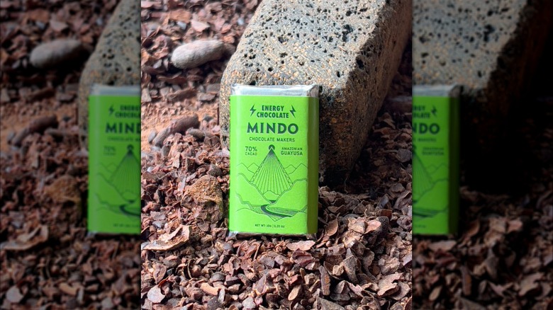 a mindo bar propped up against chocolate shavings